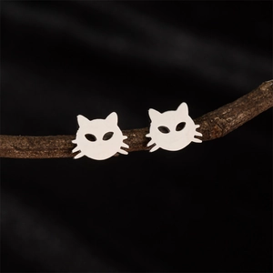Minimalist silver steel cat shaped stud earrings for women with a sleek hollowed design