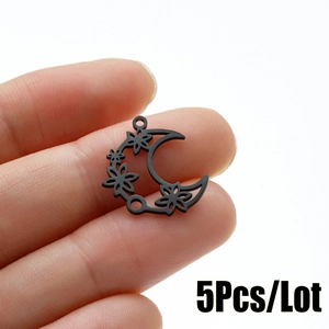 5Pcs lot minimalist black stainless steel hollow moon flower pendants for DIY jewelry