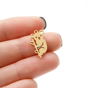 Close-up of a small golden koala charm pendant held between fingers showing tiny size