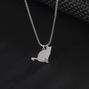 Minimalist sitting cat pendant necklace in matte stainless steel with beaded chain