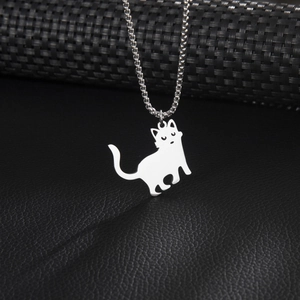Cute cartoon cat pendant necklace with polished silver steel box chain on black leather