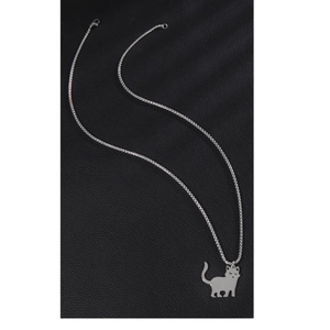 Minimalist stainless steel necklace featuring a cute standing cat pendant on black leather
