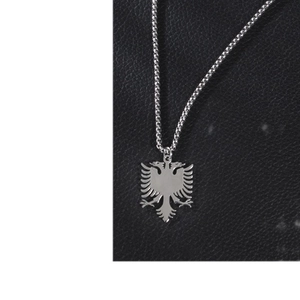 Polished silver stainless steel double headed eagle pendant necklace on black leather