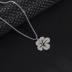 Elegant stainless steel hibiscus flower pendant necklace with long box chain for women