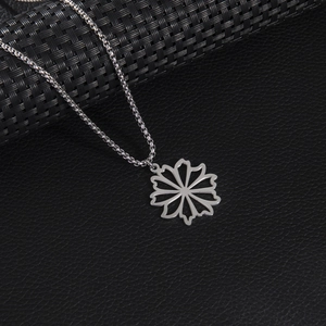 Symmetric hollow flower pendant necklace in silver stainless steel on black leather