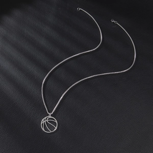 Sporty hollow basketball pendant necklace made of stainless steel with silver finish