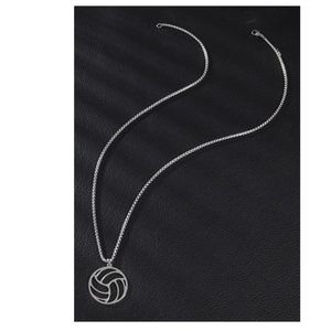 Collier avec pendentif volley-ball en acier argenté sur une surface en cuir noir