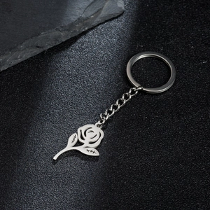 Silver stainless steel rose flower pendant keychain with minimalist metal ring accessory