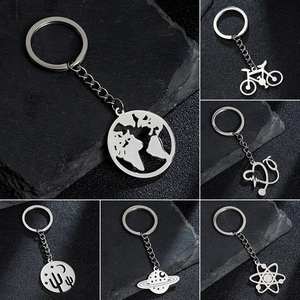 Set of six minimalist stainless steel keychains with planet, bicycle and heart charms