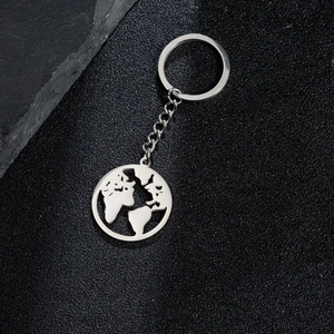 Stainless steel keychain with hollow earth globe pendant and polished metallic finish