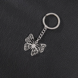 Minimalist silver hollow butterfly keychain pendant with stainless steel ring and link chain