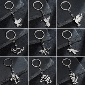 Stainless Steel Animal Keychain Geometric Hollow Out Dinosaur Unicorn Fox Dove Pendant Minimalist Polished Key Ring