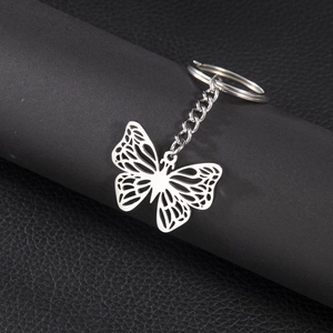 Polished stainless steel hollow butterfly pendant keychain with round keyring
