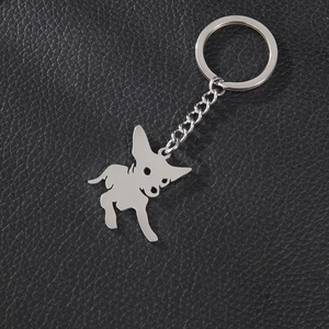 Porte-clés pendentif chien Chihuahua en acier inoxydable poli sur fond de cuir noir
