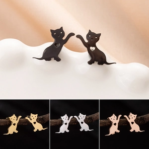 Boucles D'oreilles Chat Acier Inoxydable Cœur Creux Silhouette Animale Minimaliste Petit Bijou Cadeau Femmes Filles