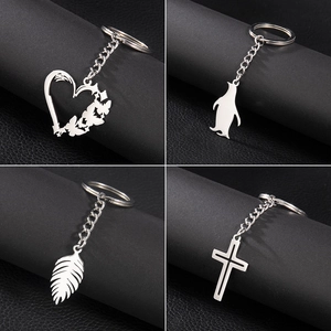 Stainless Steel Keychain Minimalist Cross Heart Butterfly Penguin Feather Pendant Geometric Key Ring Accessories For Men Women