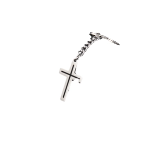 Silver stainless steel cross pendant keychain with black linear accent on white background