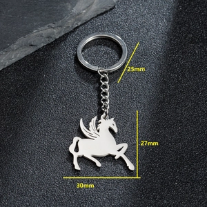 Porte-clés licorne pégase en acier inoxydable argenté avec anneau de 25 mm de diamètre