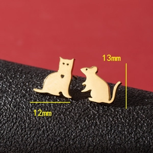 Golden asymmetrical cat and mouse stainless steel stud earrings with heart detail