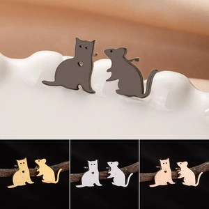 Asymmetric Cat Mouse Stud Earrings Stainless Steel Minimalist Animal Silhouette Hollow Heart Jewelry For Women