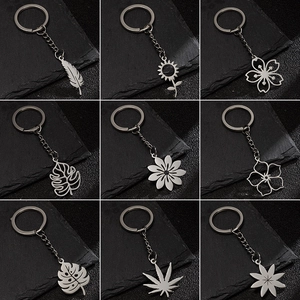 Stainless Steel Keychain Nature Plant Flower Leaf Pendant Key Ring Minimalist Silver Metal Accessory Bag Charm
