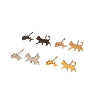 Minimalist cat and fishbone stud earrings set in four polished stainless steel colors