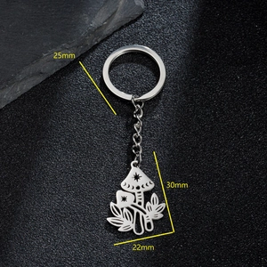 Stainless steel mushroom and leaf pendant keychain with 25mm ring and dimensions info