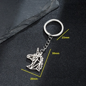 Minimalist silver stainless steel unicorn keychain with geometric hollow horse head pendant