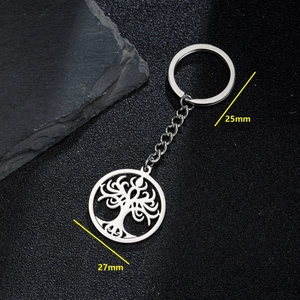 Detail view of a Tree of Life keychain in stainless steel with 25mm ring and 27mm pendant