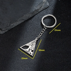 Polished stainless steel Tree of Life triangle keychain with dimensions shown in 45-degree view