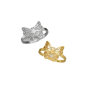 Minimalist hollow butterfly open ring in gold and silver finish on white background