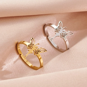 Butterfly Fairy Hollow Out Ring Stainless Steel Open Adjustable Angel Silhouette Jewelry For Women Ins Style