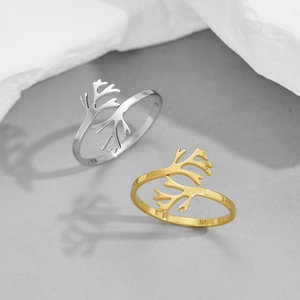 Minimalist adjustable stainless steel branch rings in gold and silver finish