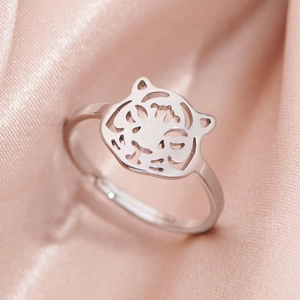 Minimalist silver tiger stainless steel open ring with hollow animal design for women