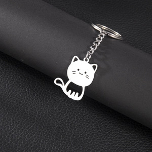 Porte-clés pendentif chat évidé minimaliste en acier inoxydable poli brillant