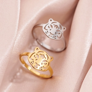 Tiger Head Hollow Out Stainless Steel Adjustable Open Ring Zodiac Animal Fashion Jewelry For Women