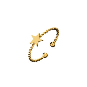Adjustable golden stainless steel ring featuring a star charm and rope twist band