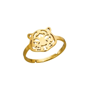 Adjustable golden tiger head ring with hollow design crafted in stainless steel
