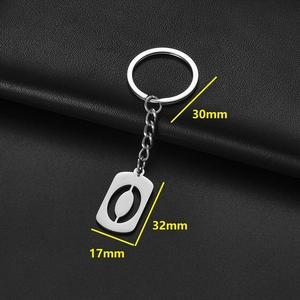 Polished stainless steel rectangular keychain with hollow design and size dimensions