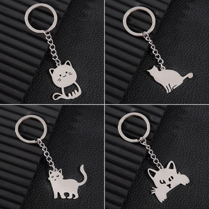 Mignon Dessin Animé Chat Porte-clés Acier Inoxydable Argent Anneau De Clé Pendentif Silhouette Animale Pour Femmes