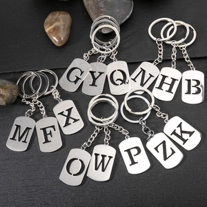 Detail of silver brushed metal keychain charms with hollow rectangular alphabet letters