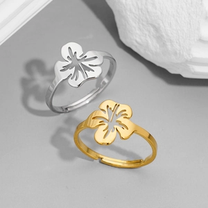 Adjustable hollow hibiscus flower rings in gold and silver stainless steel minimalist style