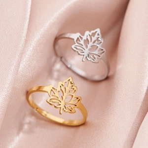 Maple Leaf Hollow Stainless Steel Open Adjustable Ring Sweet Fashion Jewelry For Women