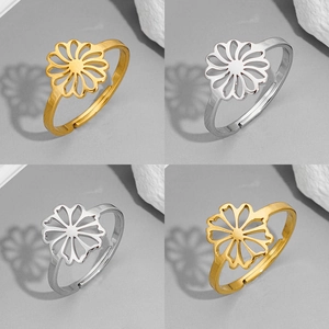 Hollow Daisy Flower Ring Stainless Steel Open Adjustable INS Style Minimalist Floral Finger Jewelry For Women