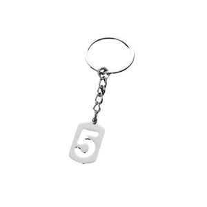 Stainless steel keychain featuring a hollow-out number 5 pendant in a silver polished finish
