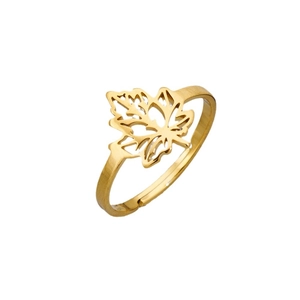 Adjustable golden maple leaf ring with hollow out texture and minimalist open band design