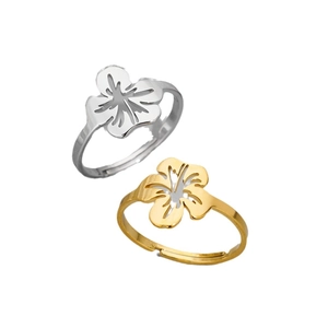 Minimalist stainless steel open flower rings in gold and silver set on white background