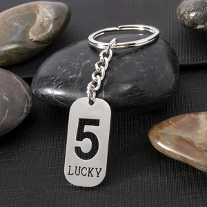 Detail showing stainless steel keychain with hollow number 5 and LUCKY engraving
