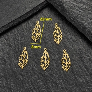 5pcs set of 18K gold hollow leaf charms with detailed veins measuring 22mm by 8mm