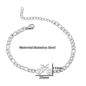 Minimalist stainless steel Figaro chain bracelet with a 20mm bicycle charm and lobster clasp